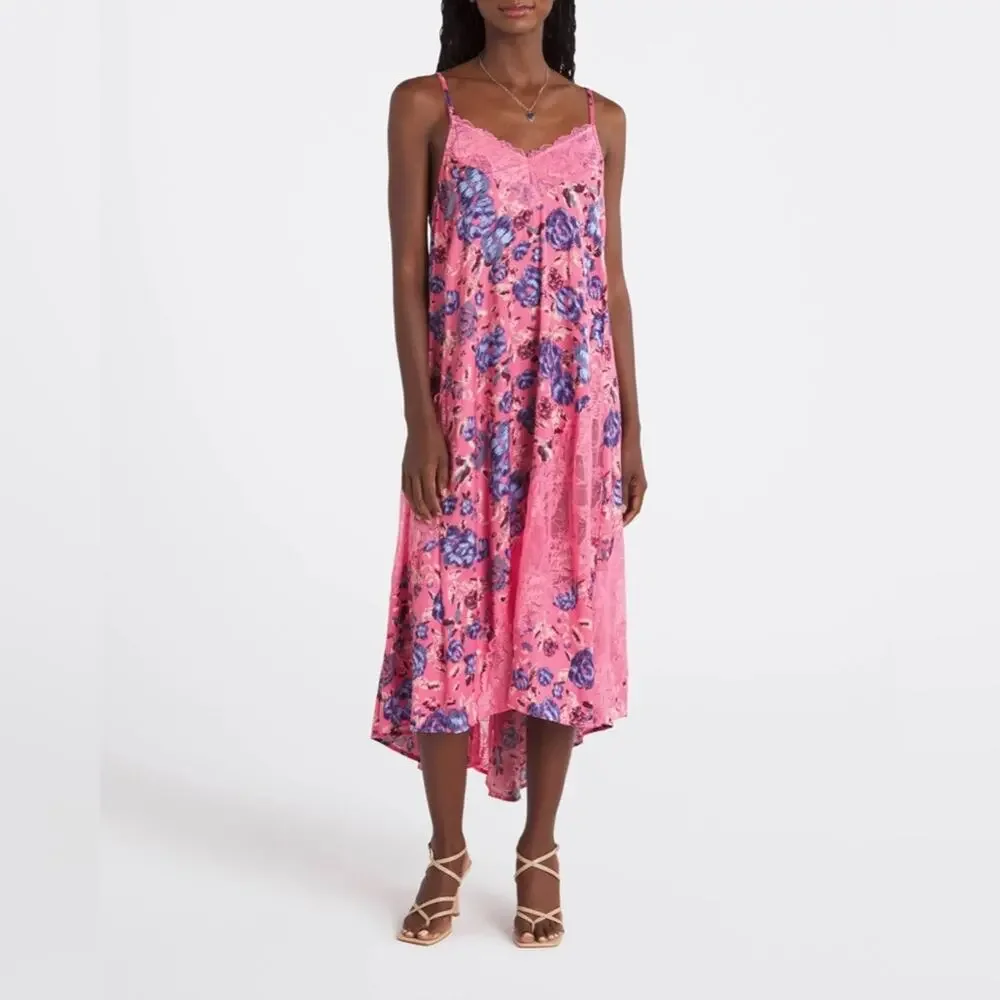 Free People First Date Maxi Slip Dress Sweet Pink Combo XS